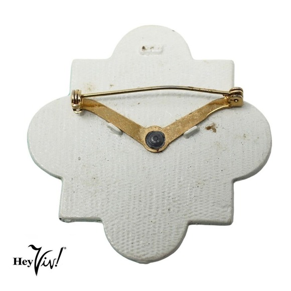 Vintage Turquoise Glazed Ceramic Wall Tile Pin Brooch 2 1/4" Across - Hey Viv - Picture 3 of 4